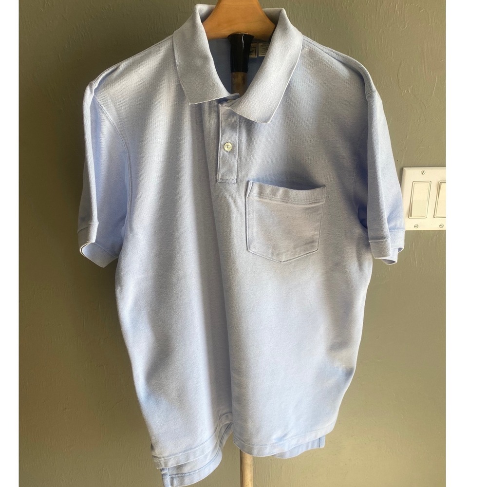LL Bean Mens Small Blue Pique Cotton Short Sleeve Pocket Polo Shirt Made in USA